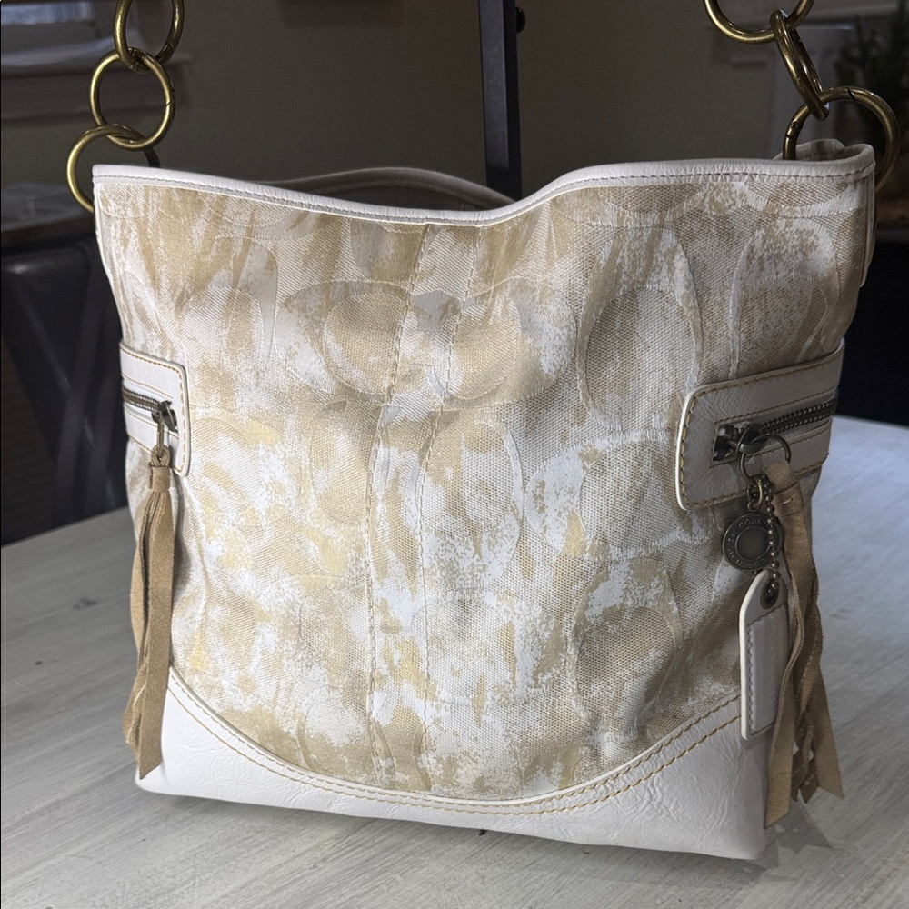 Vintage Coach Cream and White Camo Canvas Shoulder Bag with Suede Tassels
